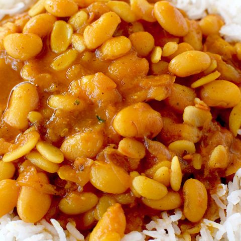 Israeli rice and beans in a white bowl
