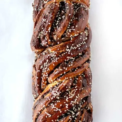 Bridseye view of chocolate babka sprinkled with sesame seeds