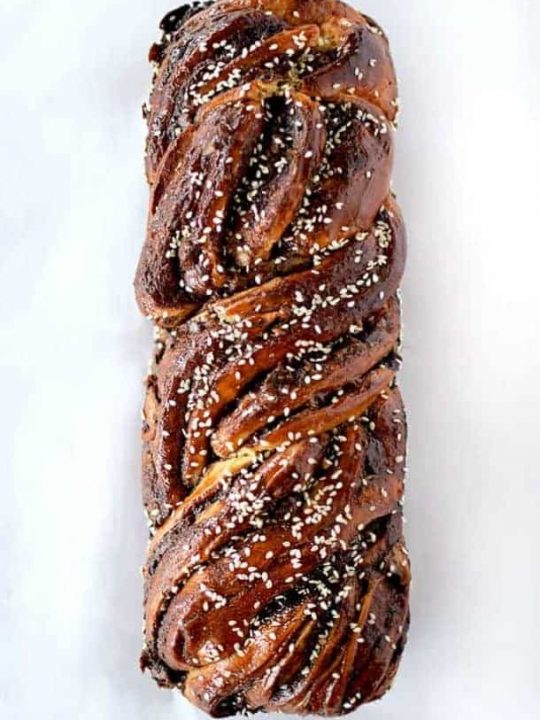 Bridseye view of chocolate babka sprinkled with sesame seeds