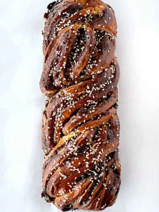 Bridseye view of chocolate babka sprinkled with sesame seeds