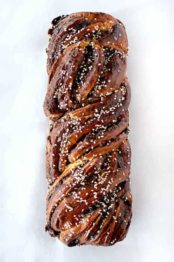 Bridseye view of chocolate babka sprinkled with sesame seeds