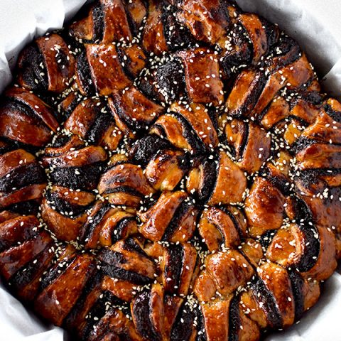 Birds eye view of Chocolate Rugelach Cake