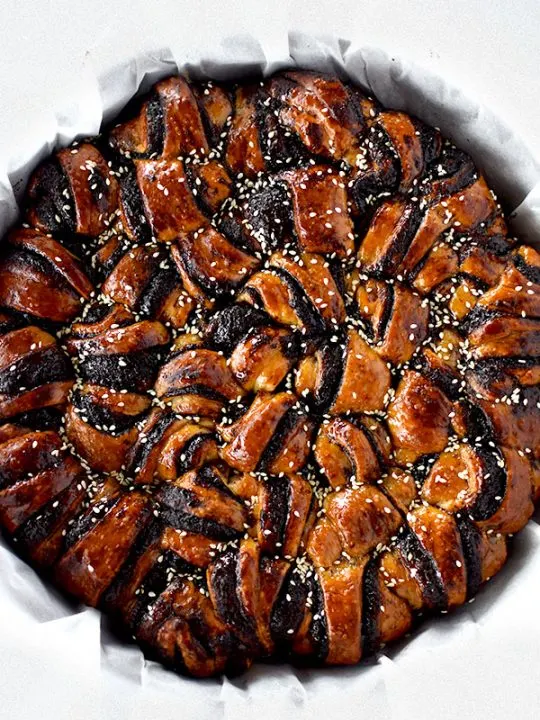 Birds eye view of Chocolate Rugelach Cake