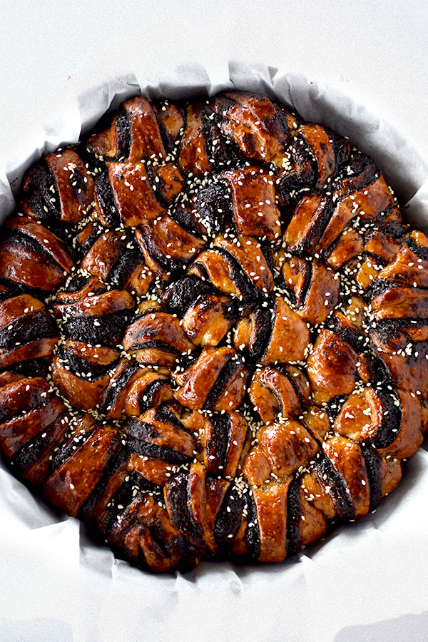 Birds eye view of Chocolate Rugelach Cake