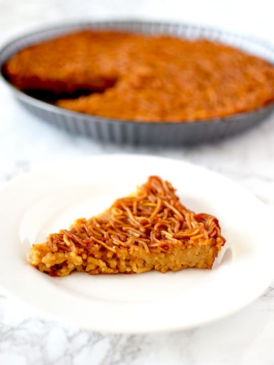 A slice of Yerusalmi kugel on a plate