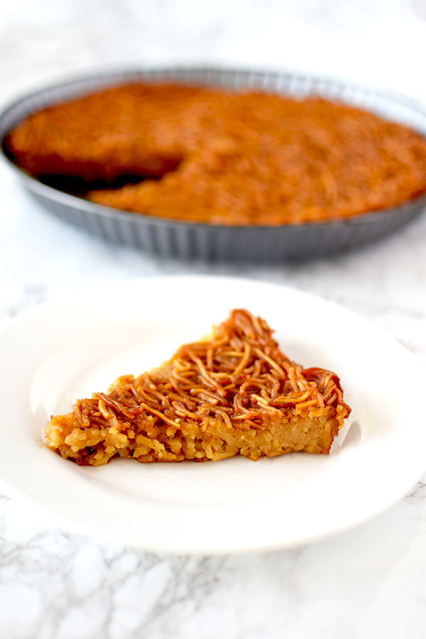 A slice of Yerusalmi kugel on a plate