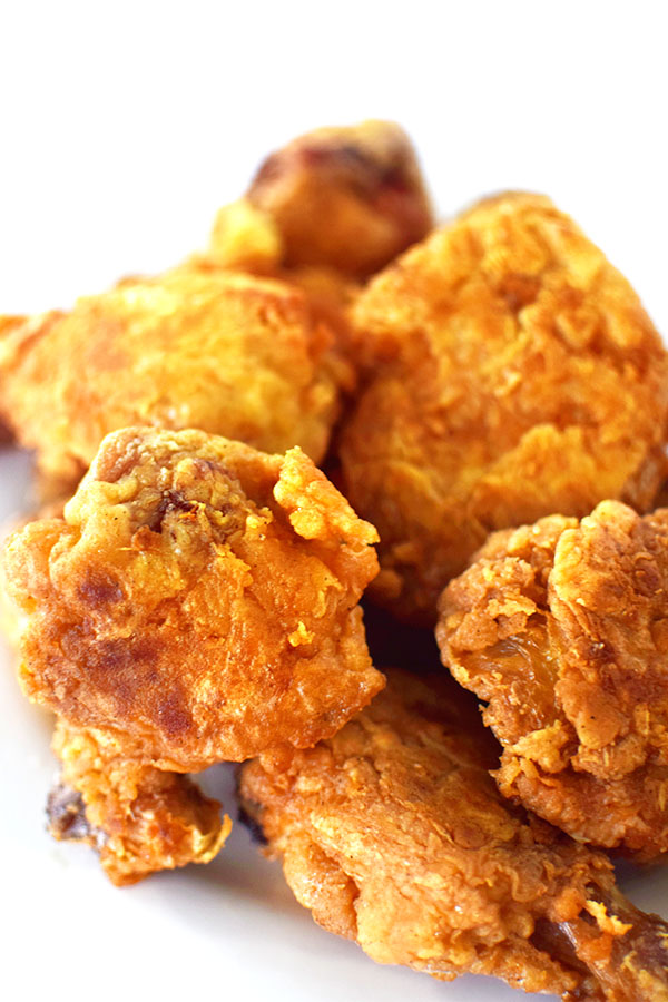 Pieces of fried chicken made without eggs or buttermilk 