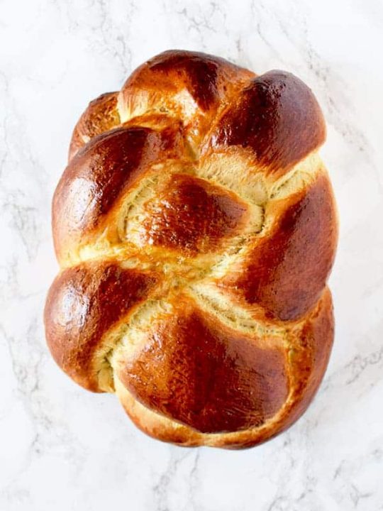 Challah bread on marble counter