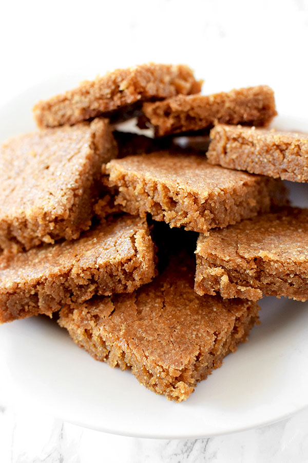 Blondies piled on a plate