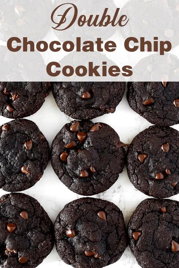 double chocolate chip cookies on a white marble counter