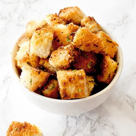 croutons in a white bowl