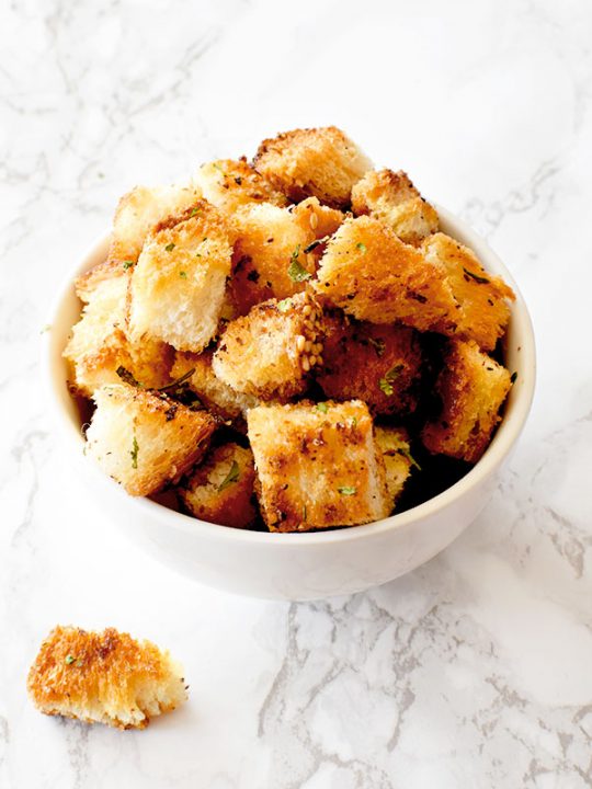 croutons in a white bowl
