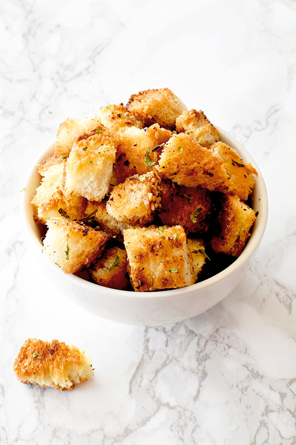 croutons in a white bowl