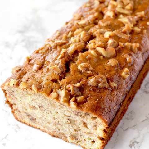 banana nut bread on a marble counter