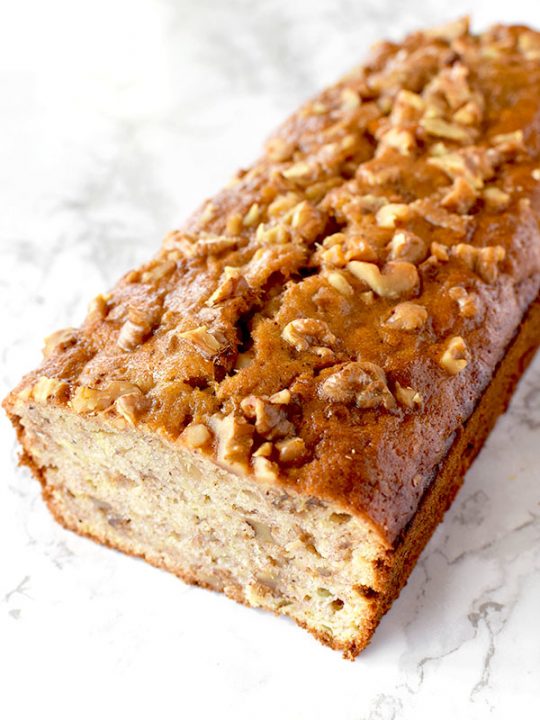 banana nut bread on a marble counter