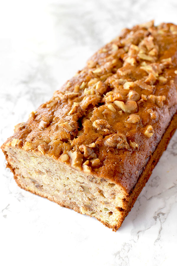 banana nut bread on a marble counter