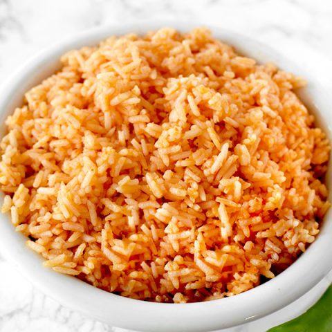 arroz rojo in a bowl on a marble counter