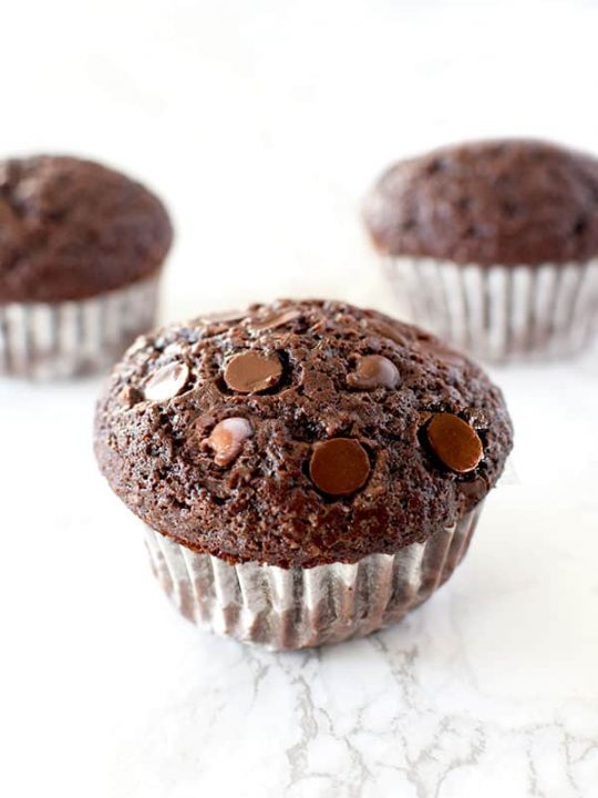 three double chocolate chip muffins