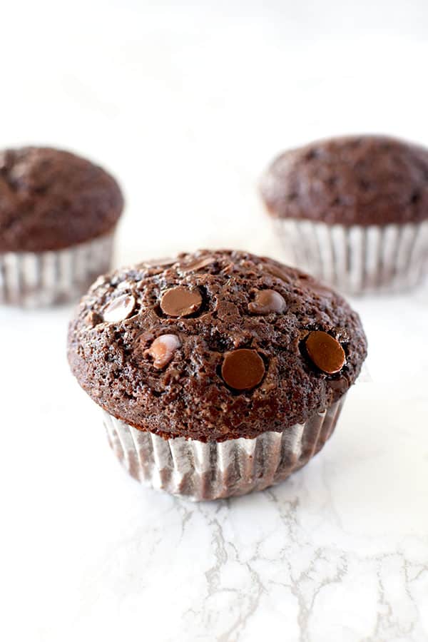 three double chocolate chip muffins