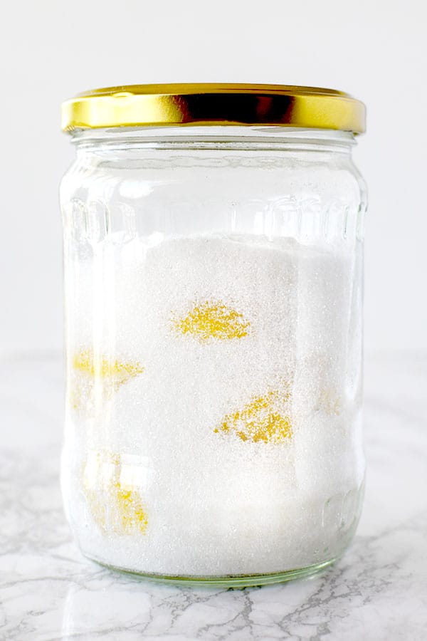 Lemon peals in a jar with sugar