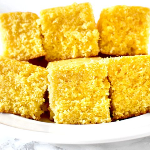 Square sweet cornbread on a plate
