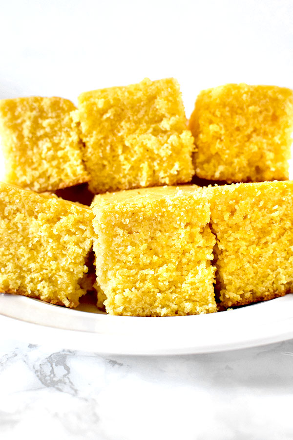 Square sweet cornbread on a plate