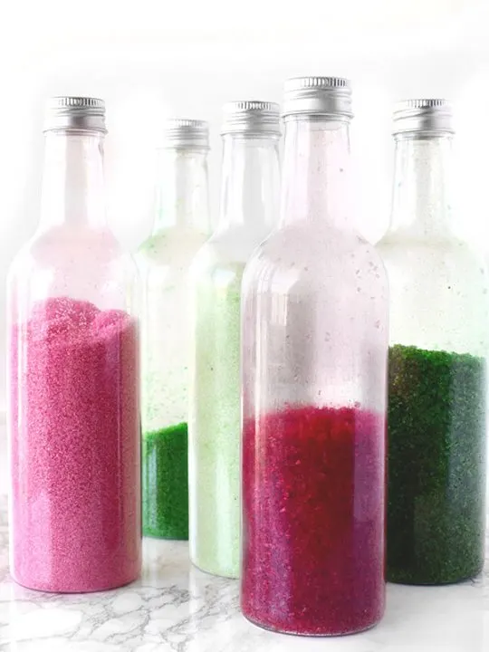 homemade colored sugar in bottles