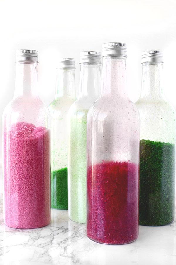 homemade colored sugar in bottles