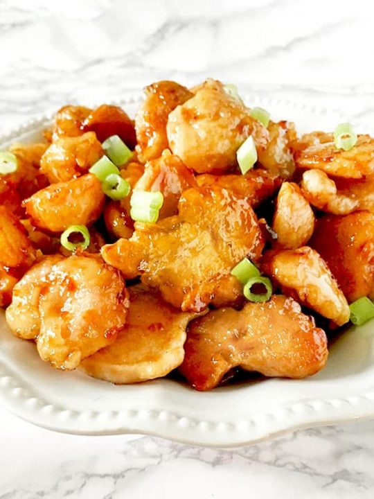 A plate of panda express (copycat) orange chicken