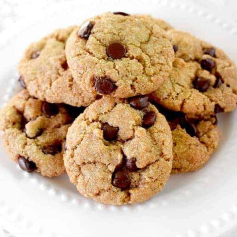 A pile of dairy free chocolate chip cookies on a plate