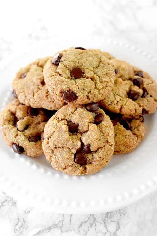 A pile of dairy free chocolate chip cookies on a plate