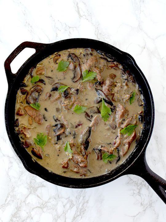 dairy free beef stoganoff using coconut milk in a cast iron skillet