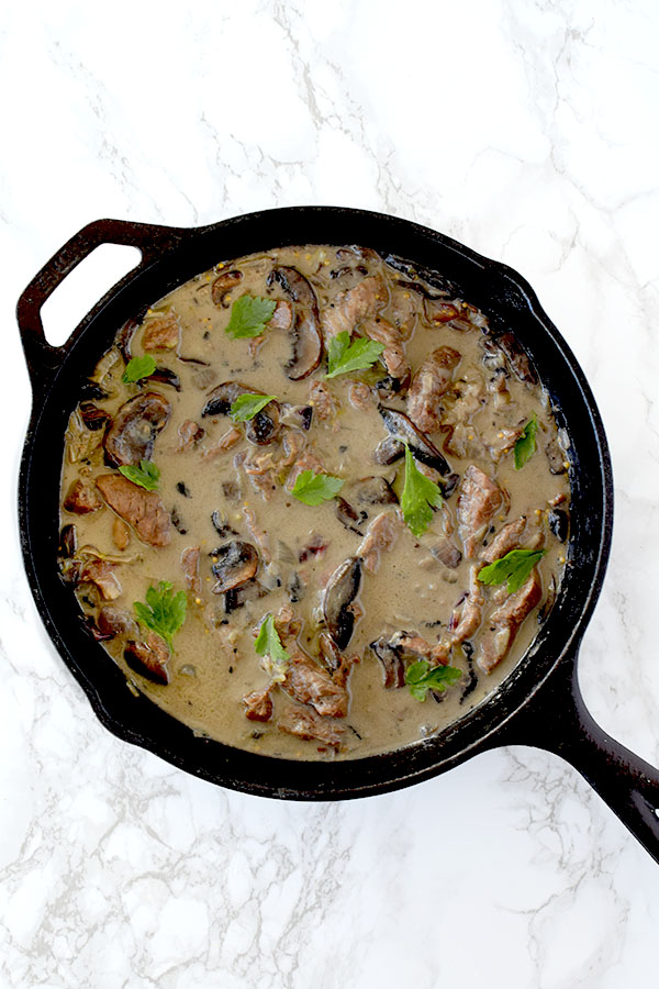 dairy free beef stoganoff using coconut milk in a cast iron skillet