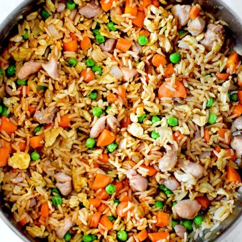 Chicken fried rice in a skillet