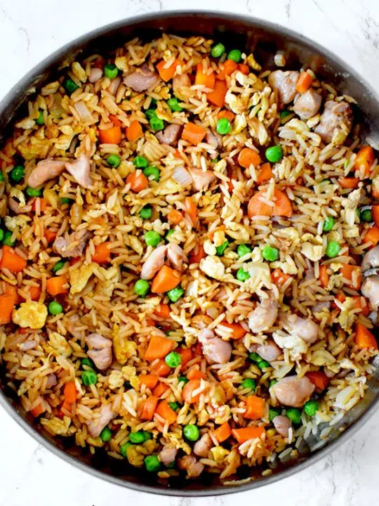 Chicken fried rice in a skillet