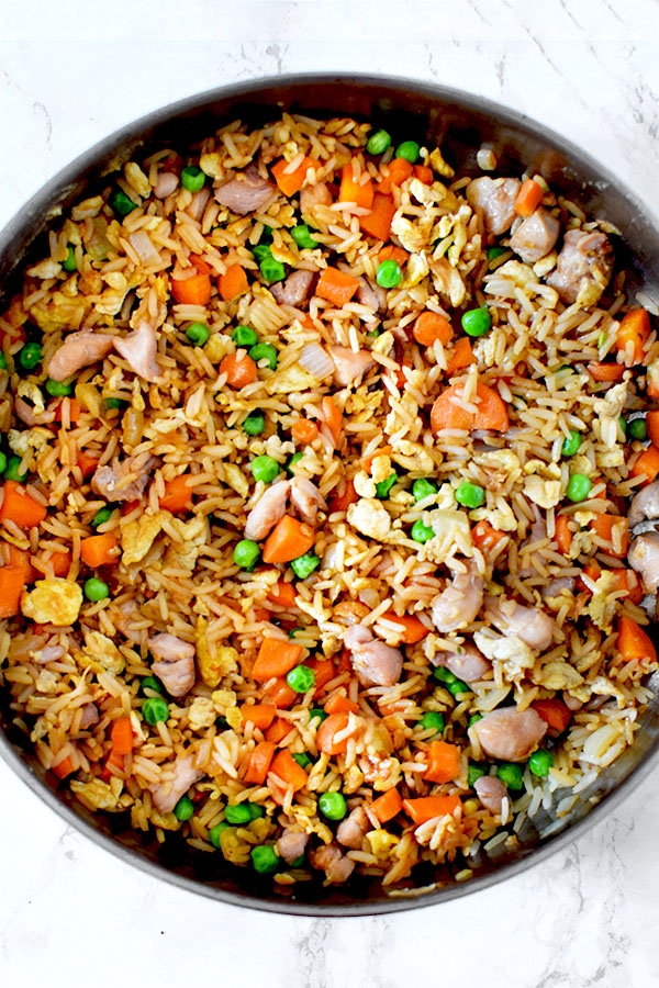 Chicken fried rice in a skillet