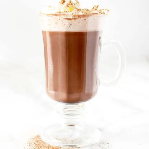 Dairy free hot chocolate with whipped cream and cinnamon