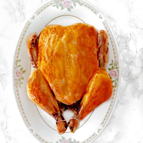 dairy free roasted turkey on platter on a white marble counter