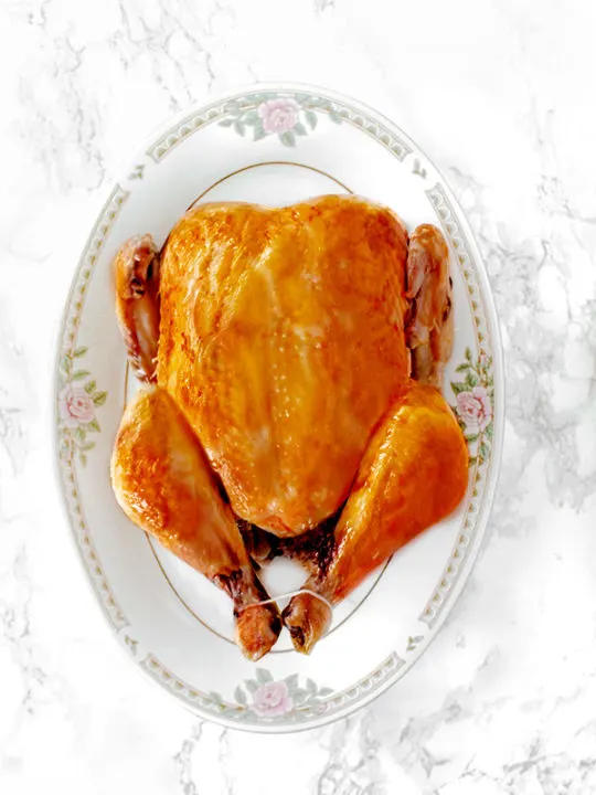 dairy free roasted turkey on platter on a white marble counter