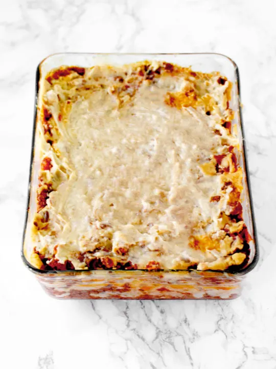dairy free Italian lasagna on a white marble counter