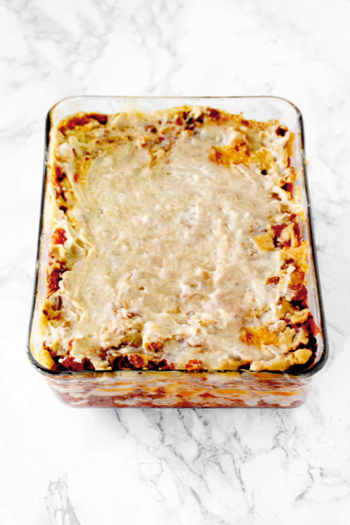 dairy free Italian lasagna on a white marble counter