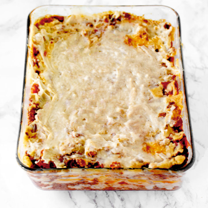 dairy free Italian lasagna on a white marble counter