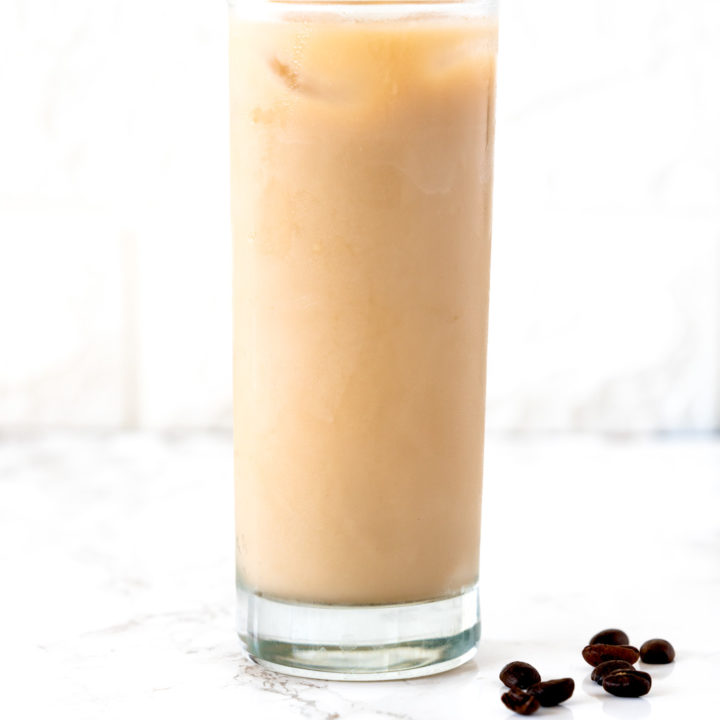 Iced coffee on a white marble counter