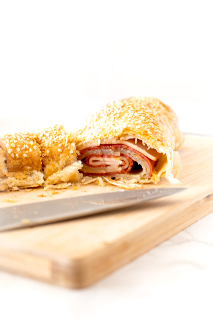 Deli roll cut on a cutting board
