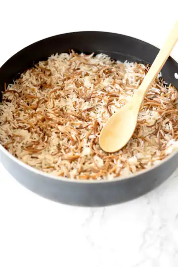 Lebanese Rice Vermicelli in a pot on a white marble counter