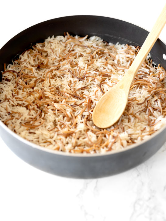 Lebanese Rice Vermicelli in a pot on a white marble counter