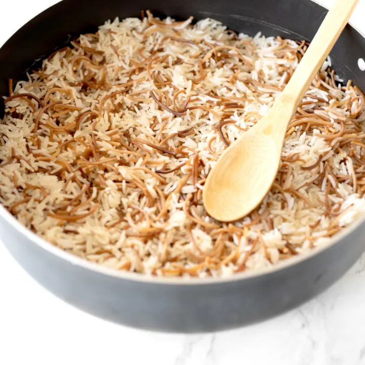 Lebanese Rice Vermicelli in a pot on a white marble counter