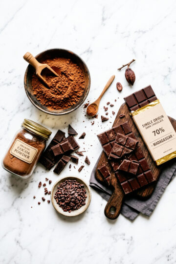 cocoa and chocolate on a white marble counter