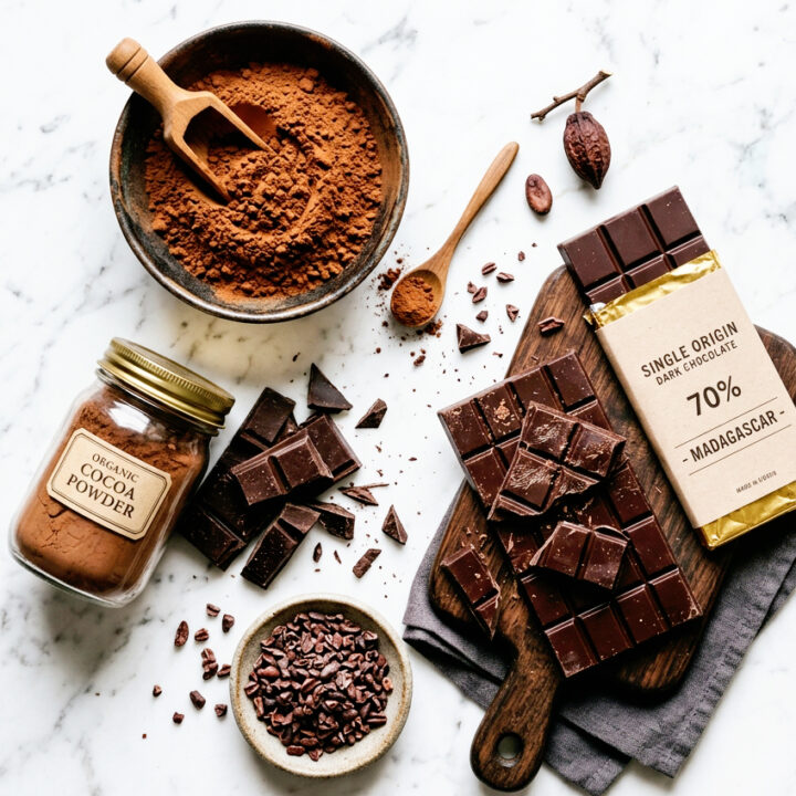 cocoa and chocolate on a white marble counter
