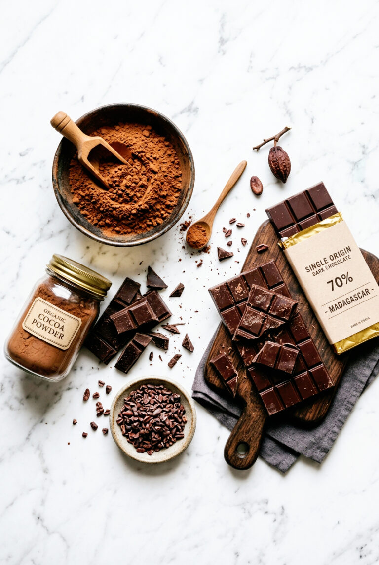 cocoa and chocolate on a white marble counter